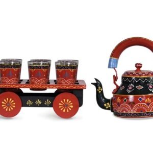 HEM Crafts Hand Painted Kettle with 6 Hand Painted Glasses & Wooden Tray_01