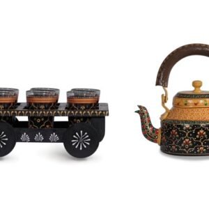 HEM Crafts Hand Painted Kettle with 6 Hand Painted Glasses & Wooden Tray_06